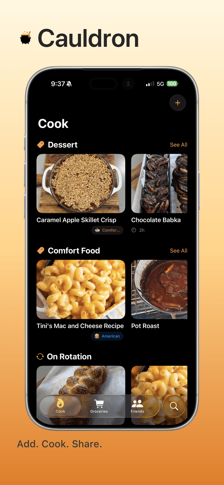 Add, cook, and share recipes